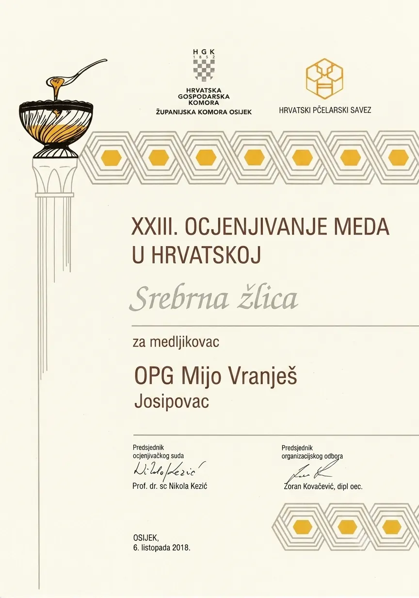 Diploma Srebrna žlica za medljikovac, XXIII. ocjenjivanje meda u Hrvatskoj, Osijek 2018., OPG Mijo Vranješ